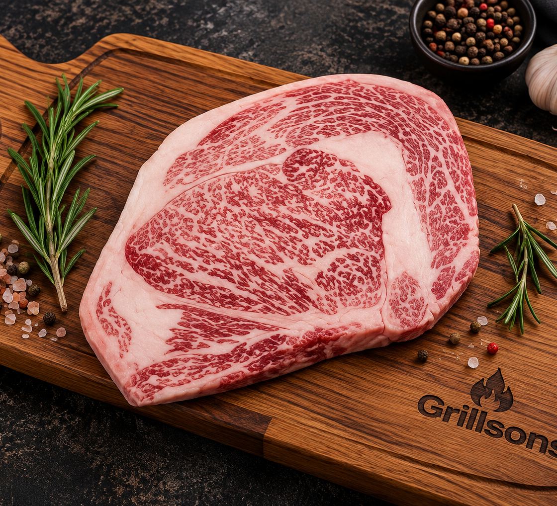 A marbled wagyu ribeye on the Grillsons board, ready for the coals